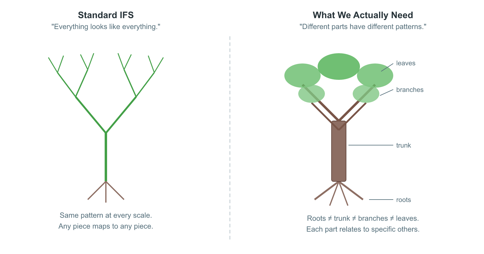 Standard IFS vs what we actually need: a uniform fractal tree compared to a real tree with distinct roots, trunk, branches, and leaves